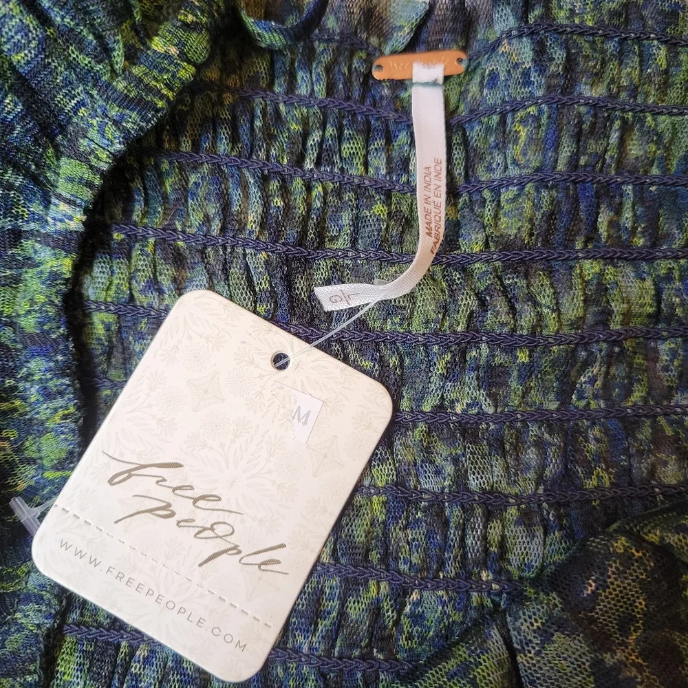 Free People Green Navy Floral Puff Sleeve Peplum Blouse